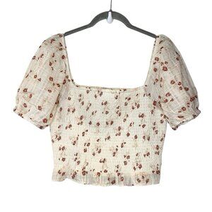 American Eagle‎ Shabby Chic Floral Smocked Cropped Puff Sleeve Top Ivory Rust M
